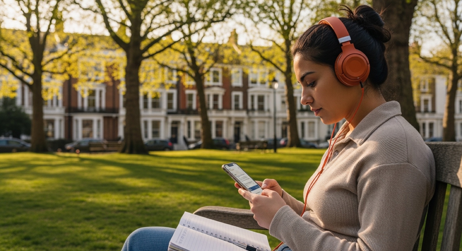Young Spanish speaker studying English on his own in a London park