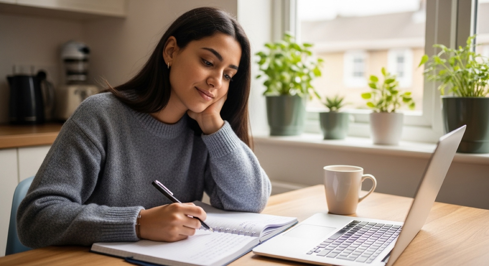 Hispanic student correcting their common English mistakes while studying at home