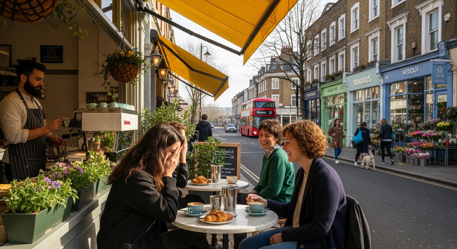 Two Spanish-speaking friends laughing about an English false friend mix-up at a London coffee shop