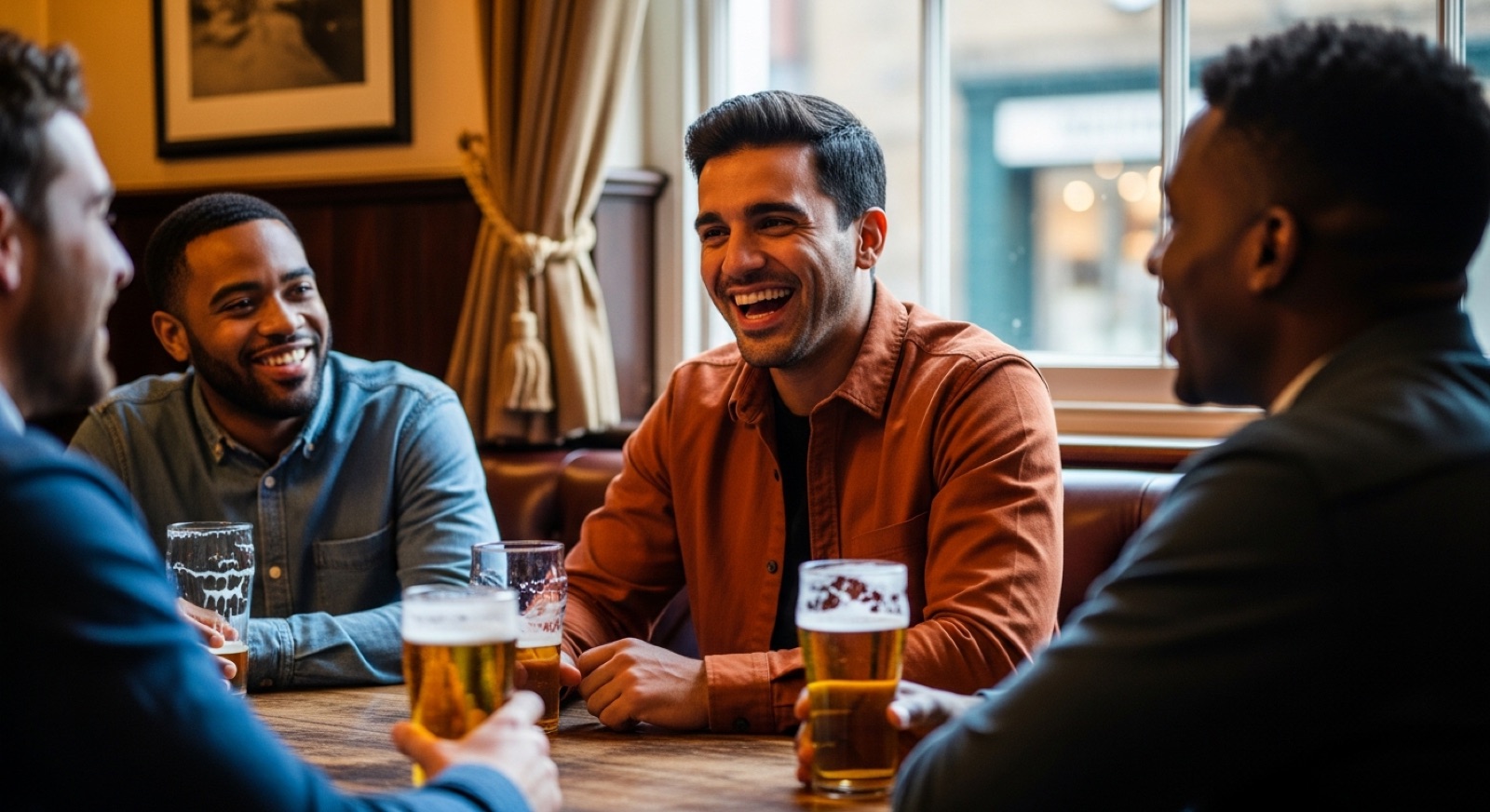 Hispanic man confidently chatting in English at a London pub