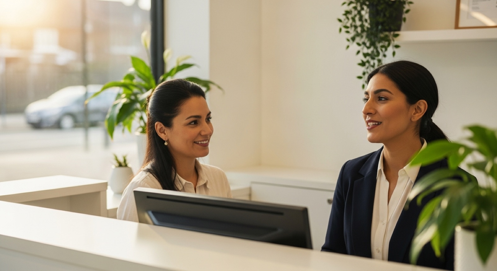 Spanish-speaking patient speaking English at the reception of a GP surgery in the UK