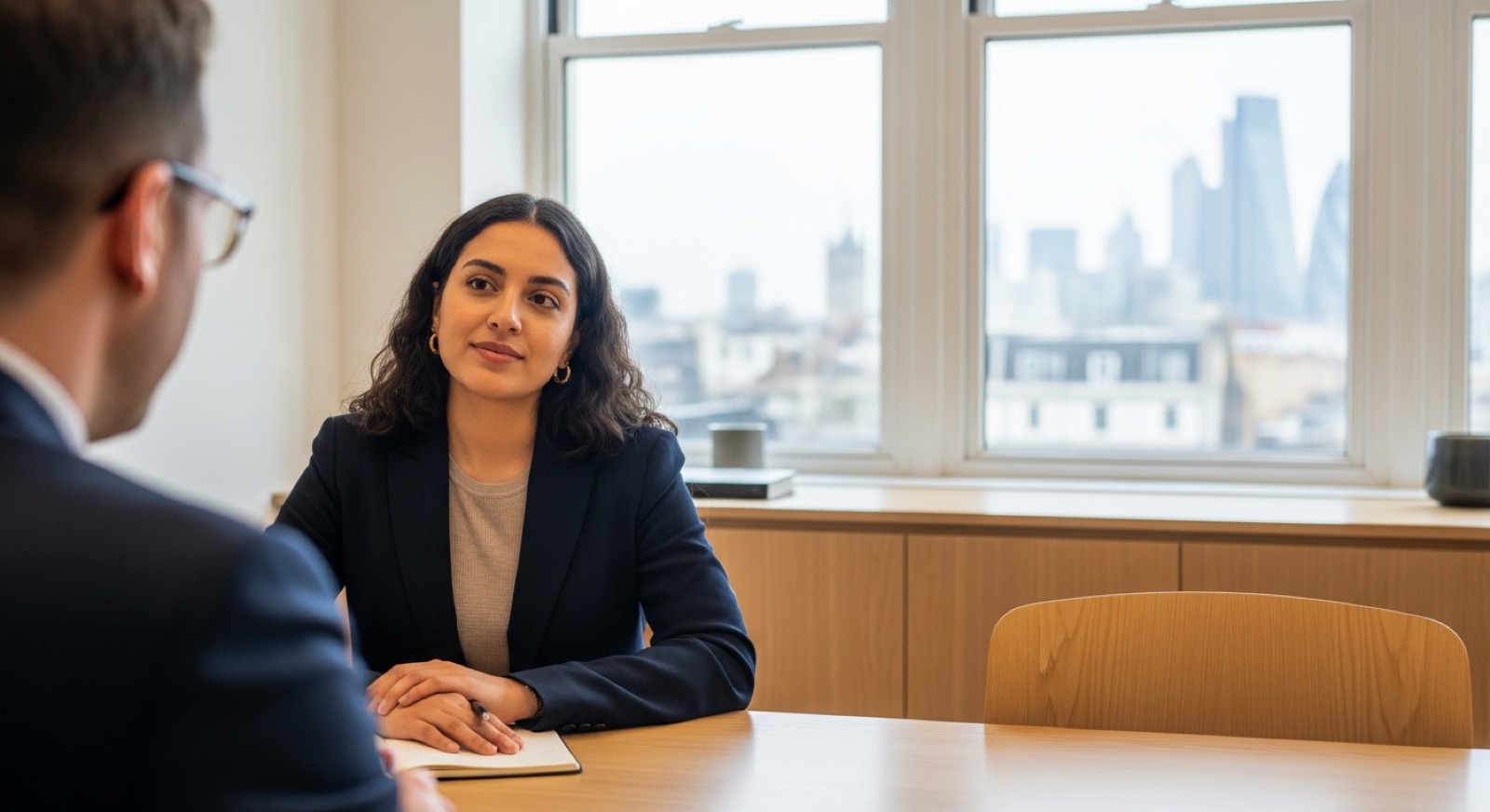 Confident Hispanic person in a job interview at a modern London office