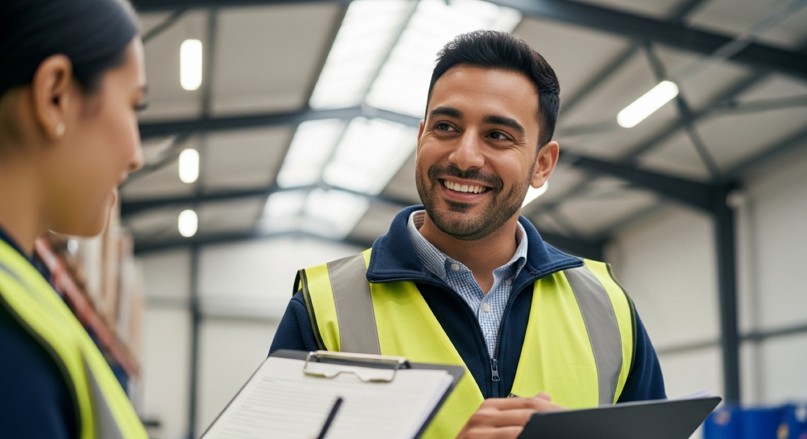 Hispanic worker chatting in English with a colleague at a London warehouse