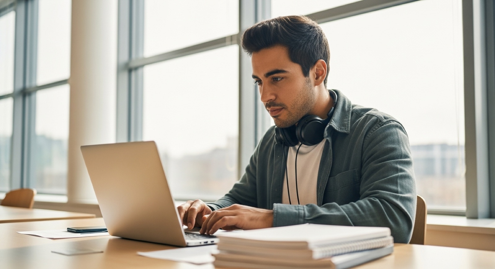 Spanish-speaking student reviewing the CEFR English levels in a bright library