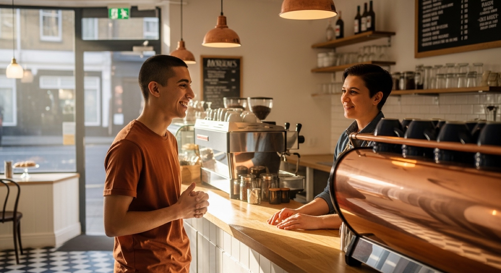Spanish speaker ordering their first coffee in English at a British café — CEFR level A1